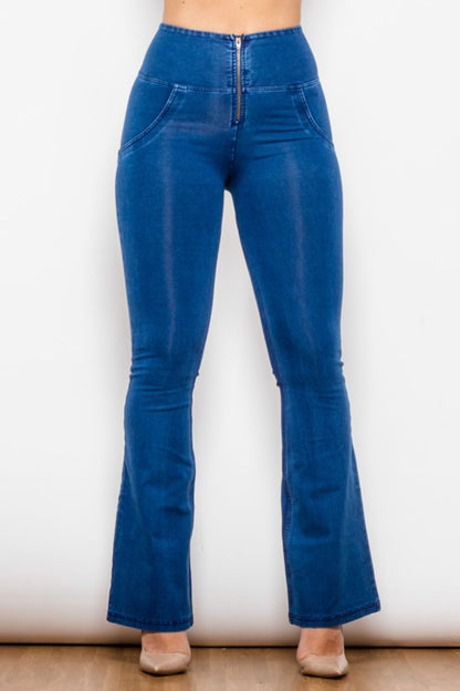 Comfy Huggers High Waist Zipped Flare Long | Jeans