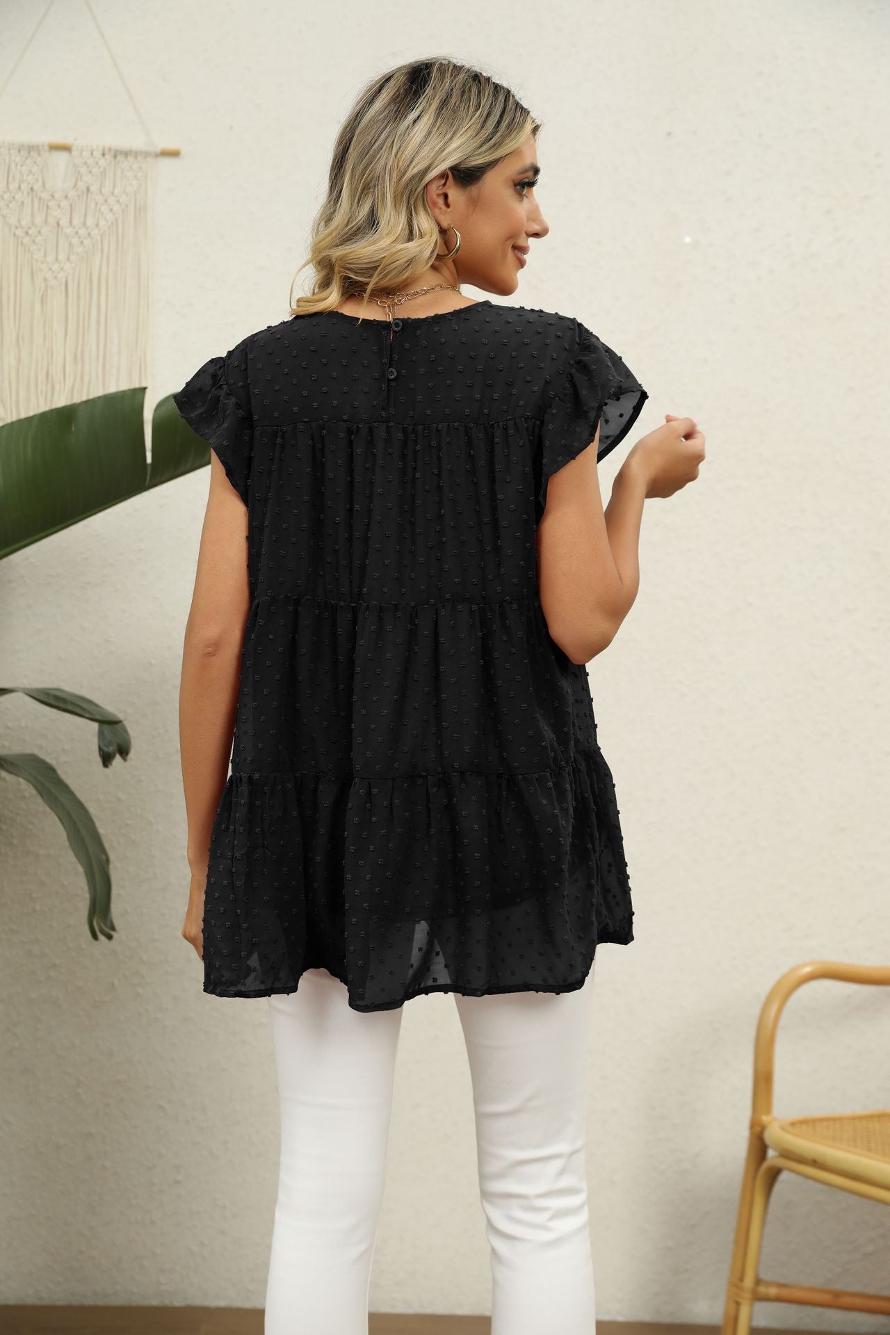 Swiss Dot Round Neck Tiered | Blouse