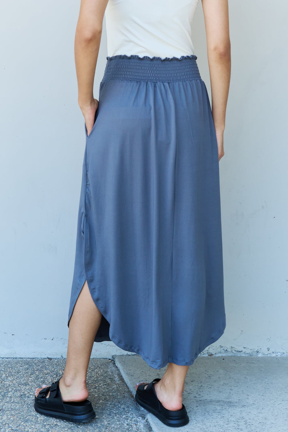 Dusty Blue High Waist Scoop Hem | Maxi Skirt