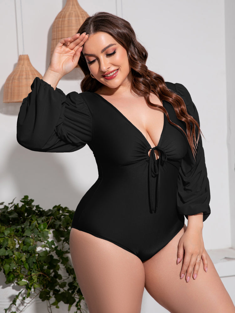 Tied Deep V Balloon Sleeve | One-Piece Swimsuit