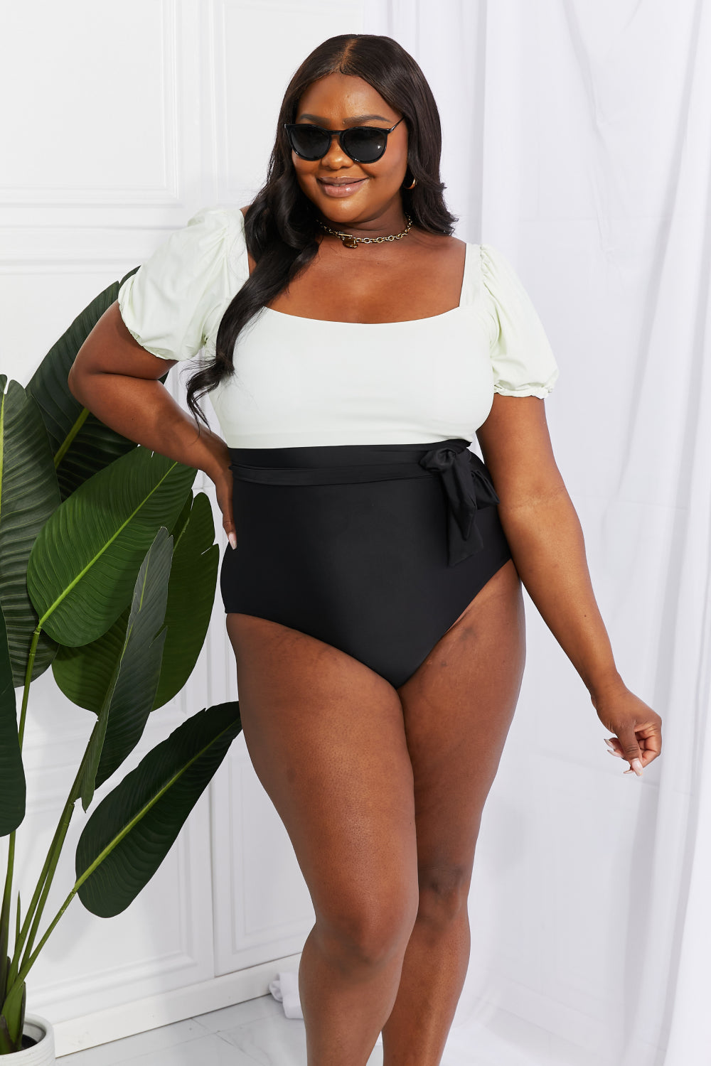 Cream/Black Puff Sleeve | One-Piece Swimsuit