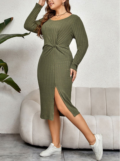 Ribbed Round Neck Twisted Slit Midi | Dress