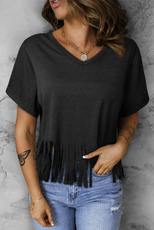 V-Neck Fringe Hem | T-Shirt