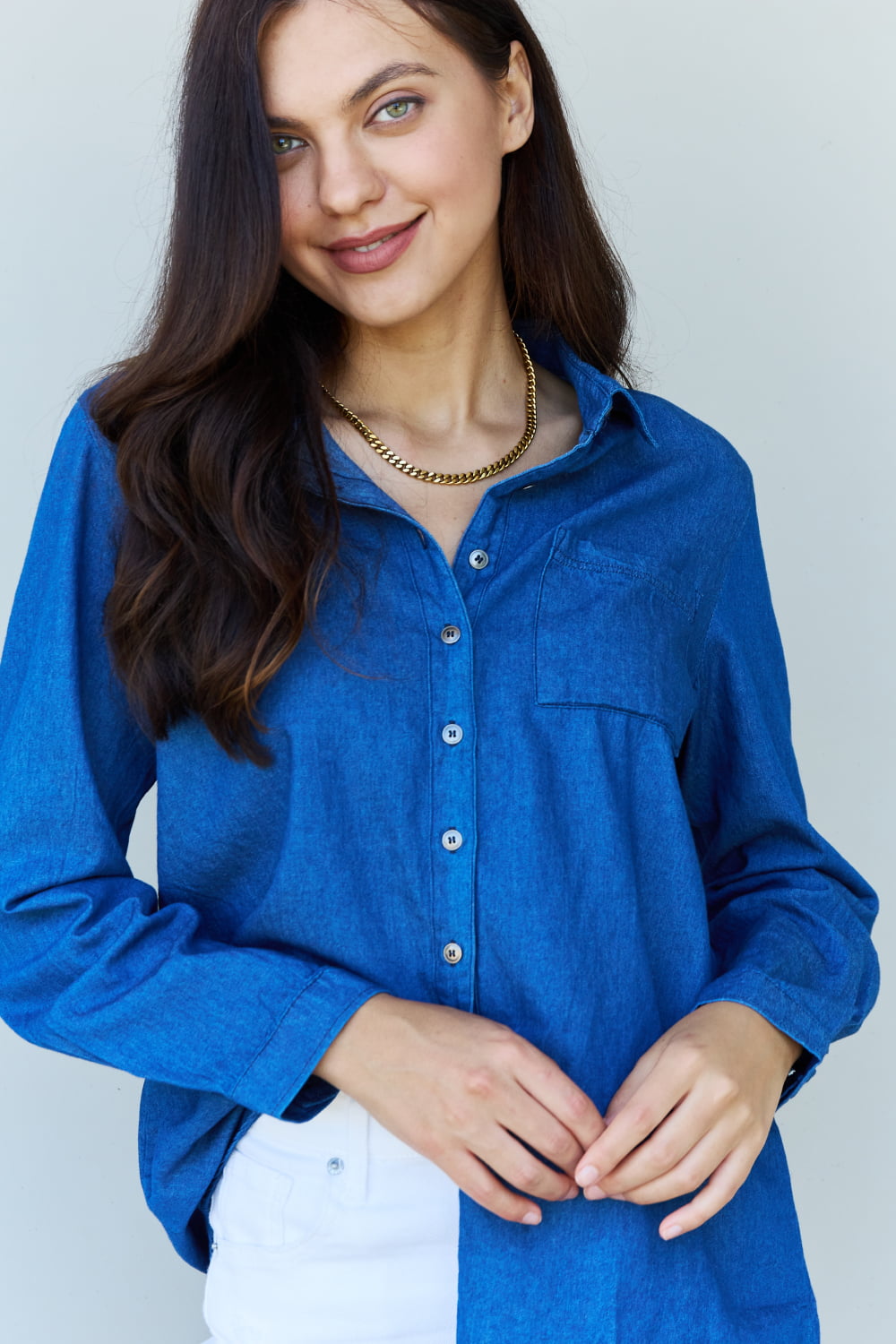 Deep Blue Denim Button Down | Shirt Top