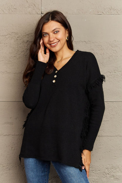 Buttoned Dropped Shoulder Raw Hem Pullover | Sweater