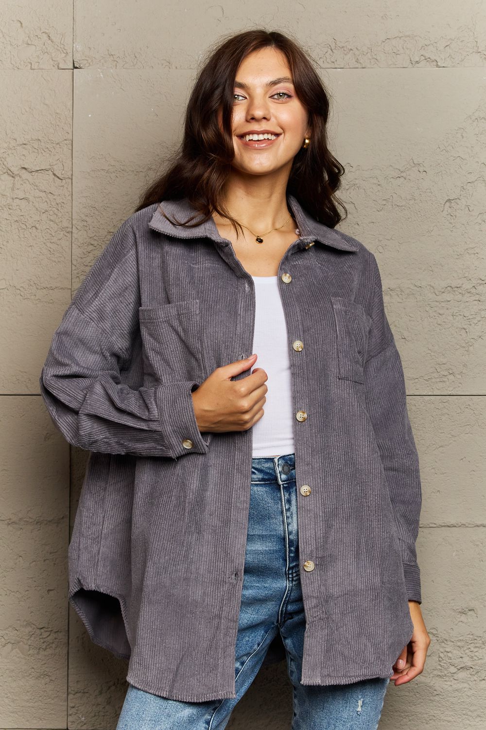 Collared Neck Dropped Shoulder Button-Down | Jacket