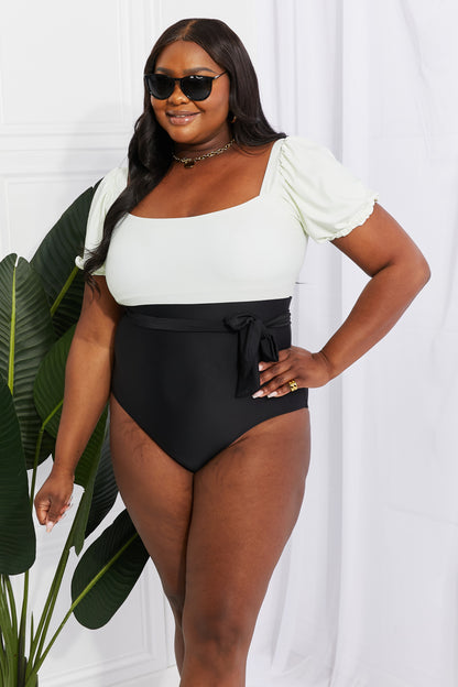 Cream/Black Puff Sleeve | One-Piece Swimsuit