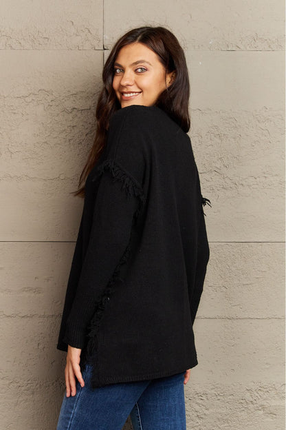 Buttoned Dropped Shoulder Raw Hem Pullover | Sweater
