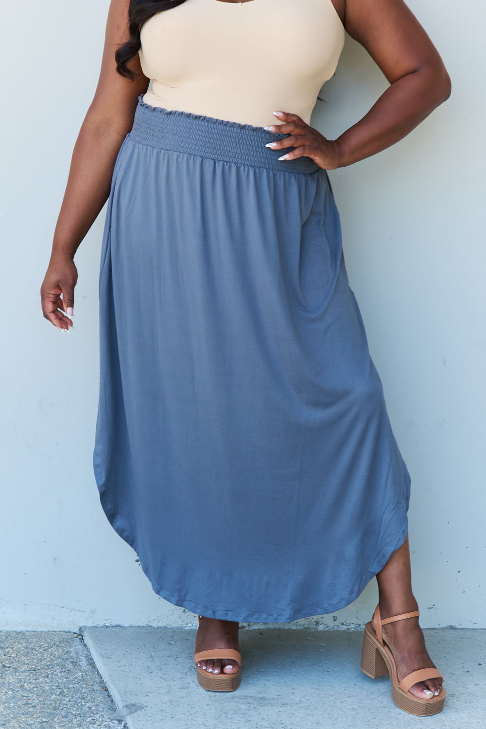 Dusty Blue High Waist Scoop Hem | Maxi Skirt