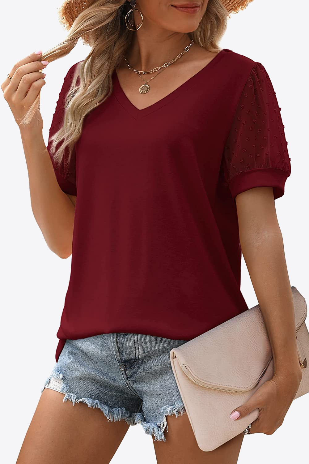 Swiss Dot Puff Sleeve V-Neck | Tee