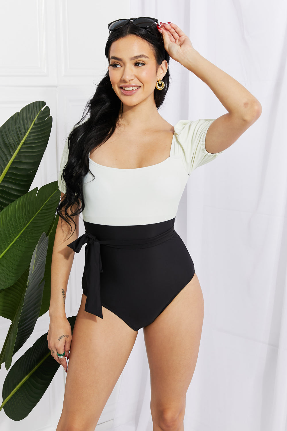 Cream/Black Puff Sleeve | One-Piece Swimsuit