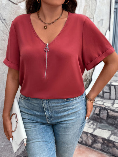 V-Neck Short Sleeve | Blouse with Zipper