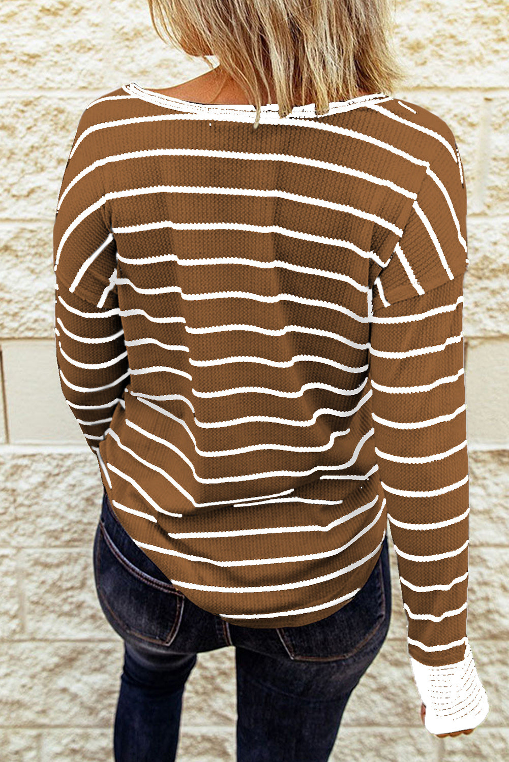 Striped Waffle Knit Henley Long Sleeve | Top