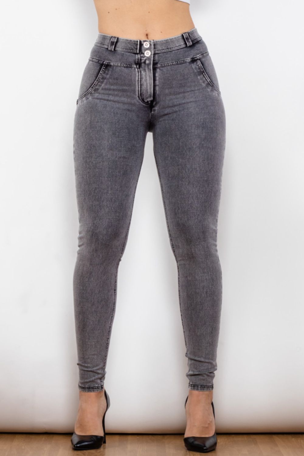 Comfy Huggers Gray Buttoned Skinny Long | Jeans
