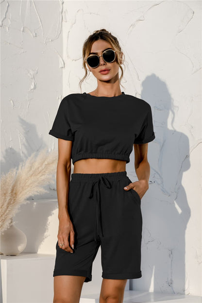 Short Sleeve Cropped Top and Drawstring Shorts | Lounge Set