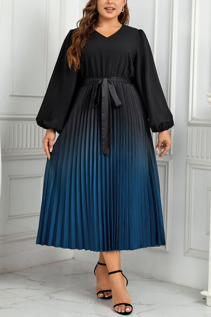 V-Neck Long Sleeve Pleated Tie Waist Midi | Dress