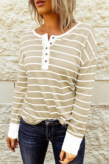 Striped Waffle Knit Henley Long Sleeve | Top