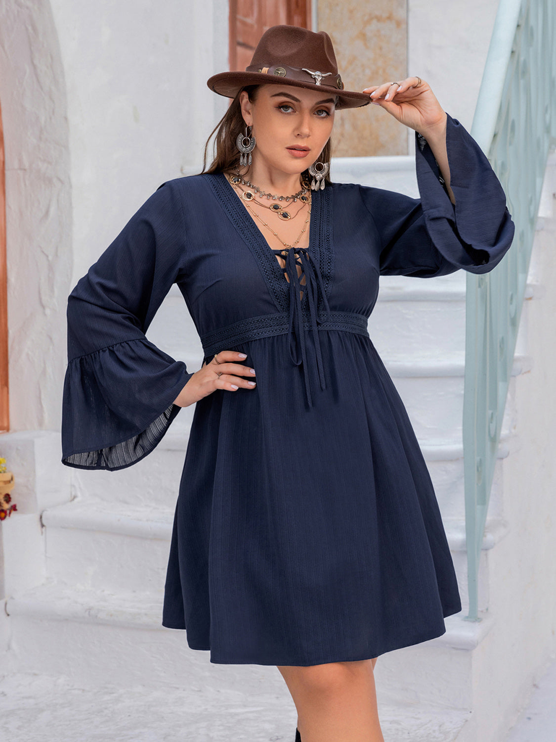 Tie Front V-Neck Flare Sleeve | Dress