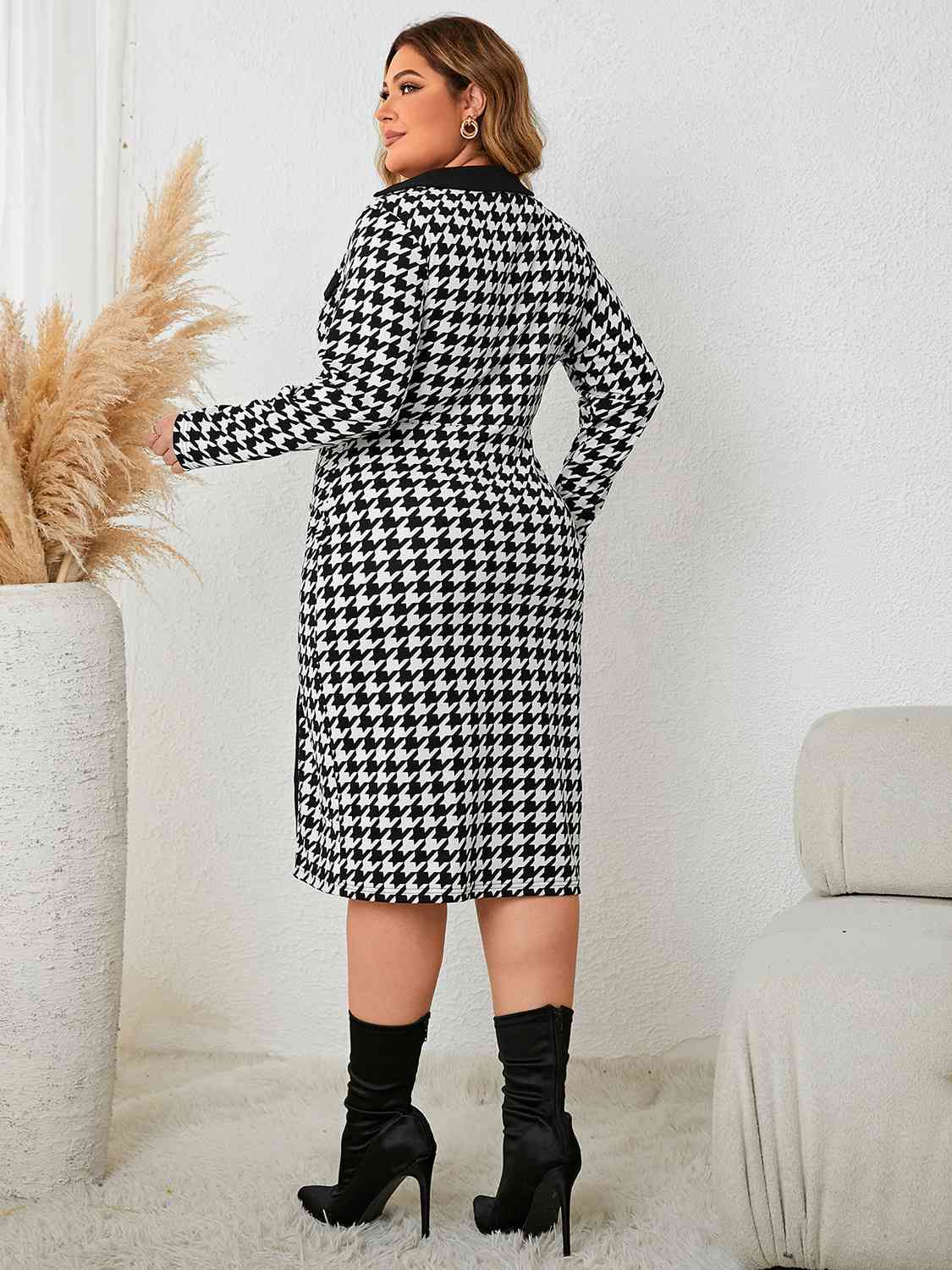 Houndstooth Long Sleeve Slit | Dress