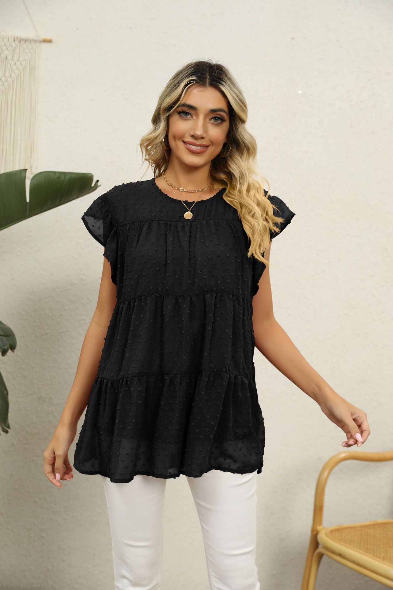 Swiss Dot Round Neck Tiered | Blouse