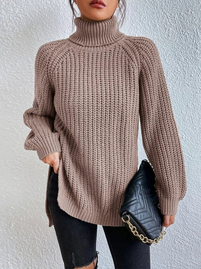 Turtleneck Rib-Knit Slit | Sweater