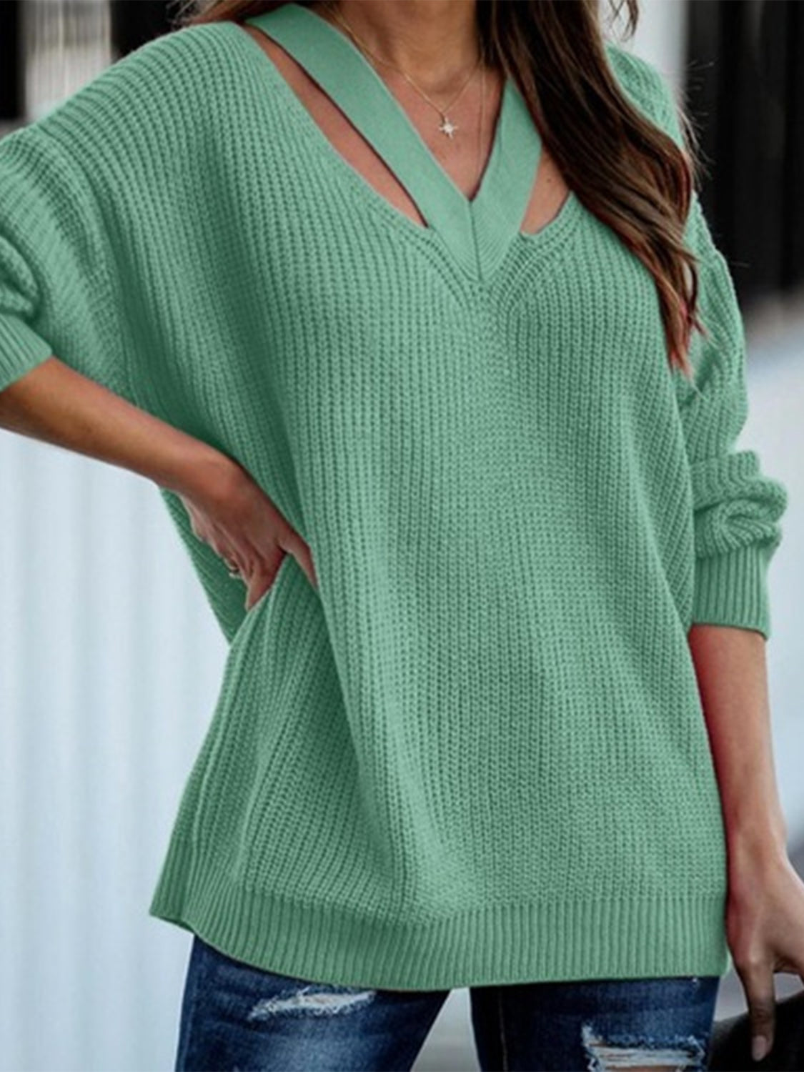 Cutout V-Neck Rib-Knit | Sweater