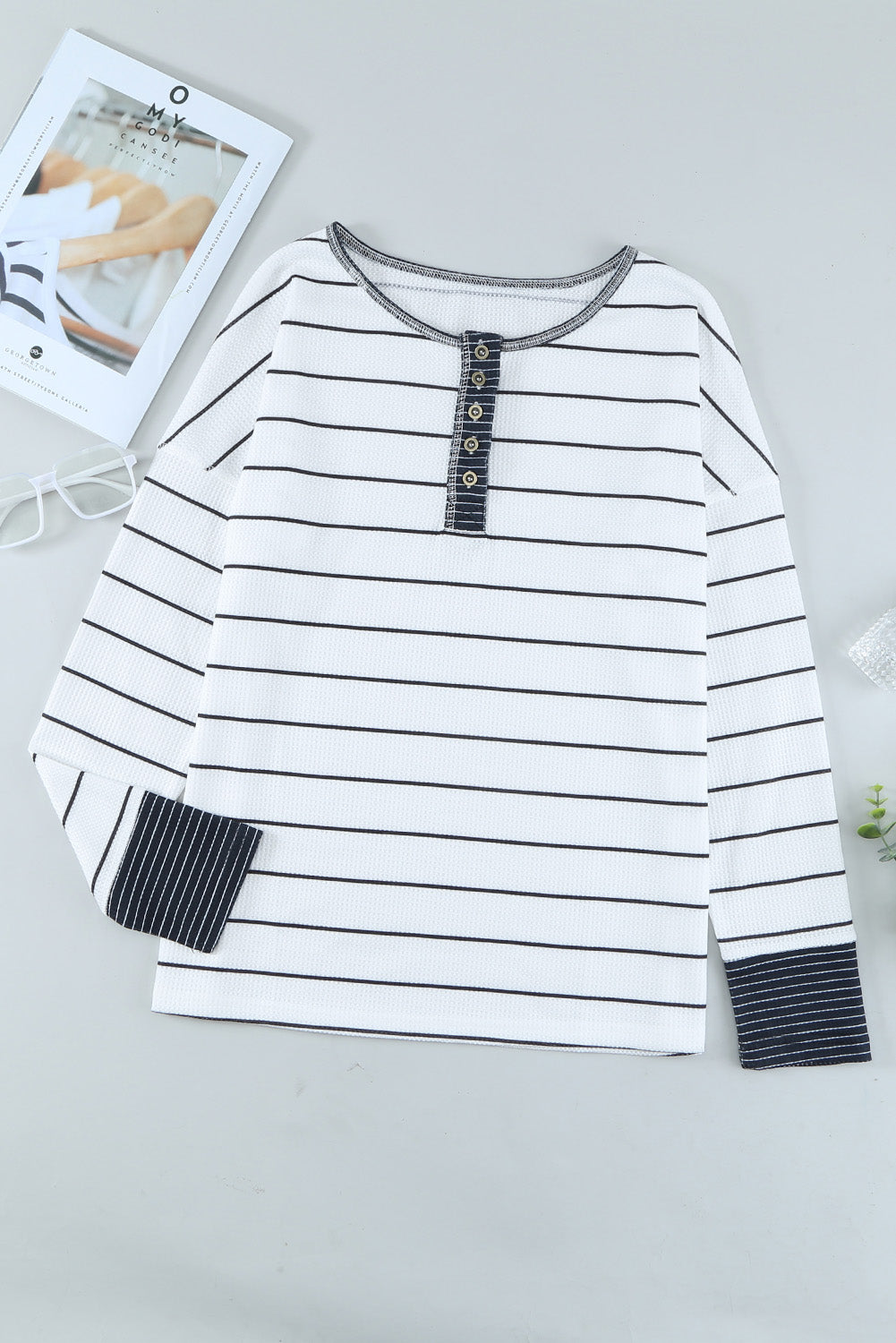 Striped Waffle Knit Henley Long Sleeve | Top
