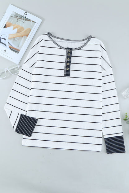 Striped Waffle Knit Henley Long Sleeve | Top