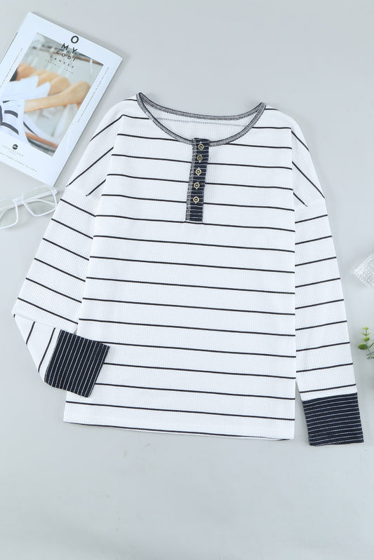 Striped Waffle Knit Henley Long Sleeve | Top