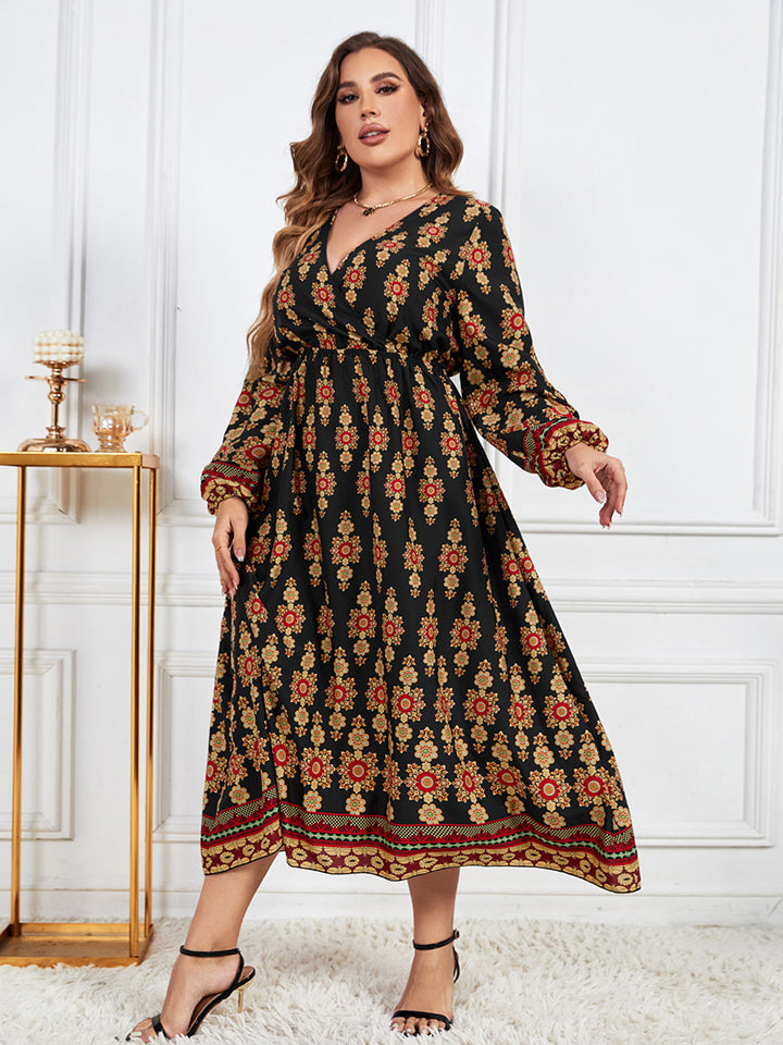 Printed V-Neck Surplice Neck Midi | Dress