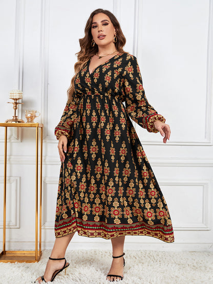 Printed V-Neck Surplice Neck Midi | Dress