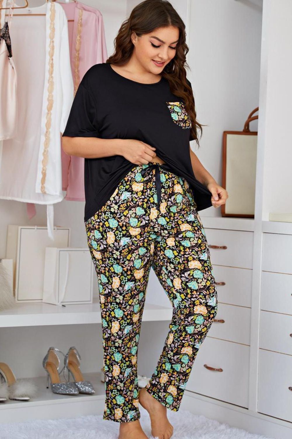 Contrast Round Neck Tee + Floral Pants | Lounge Set