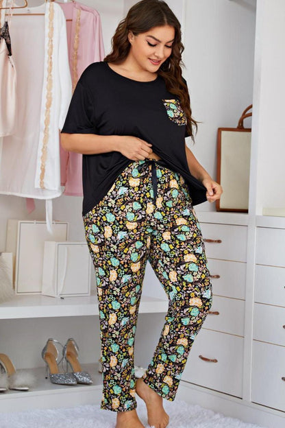 Contrast Round Neck Tee + Floral Pants | Lounge Set