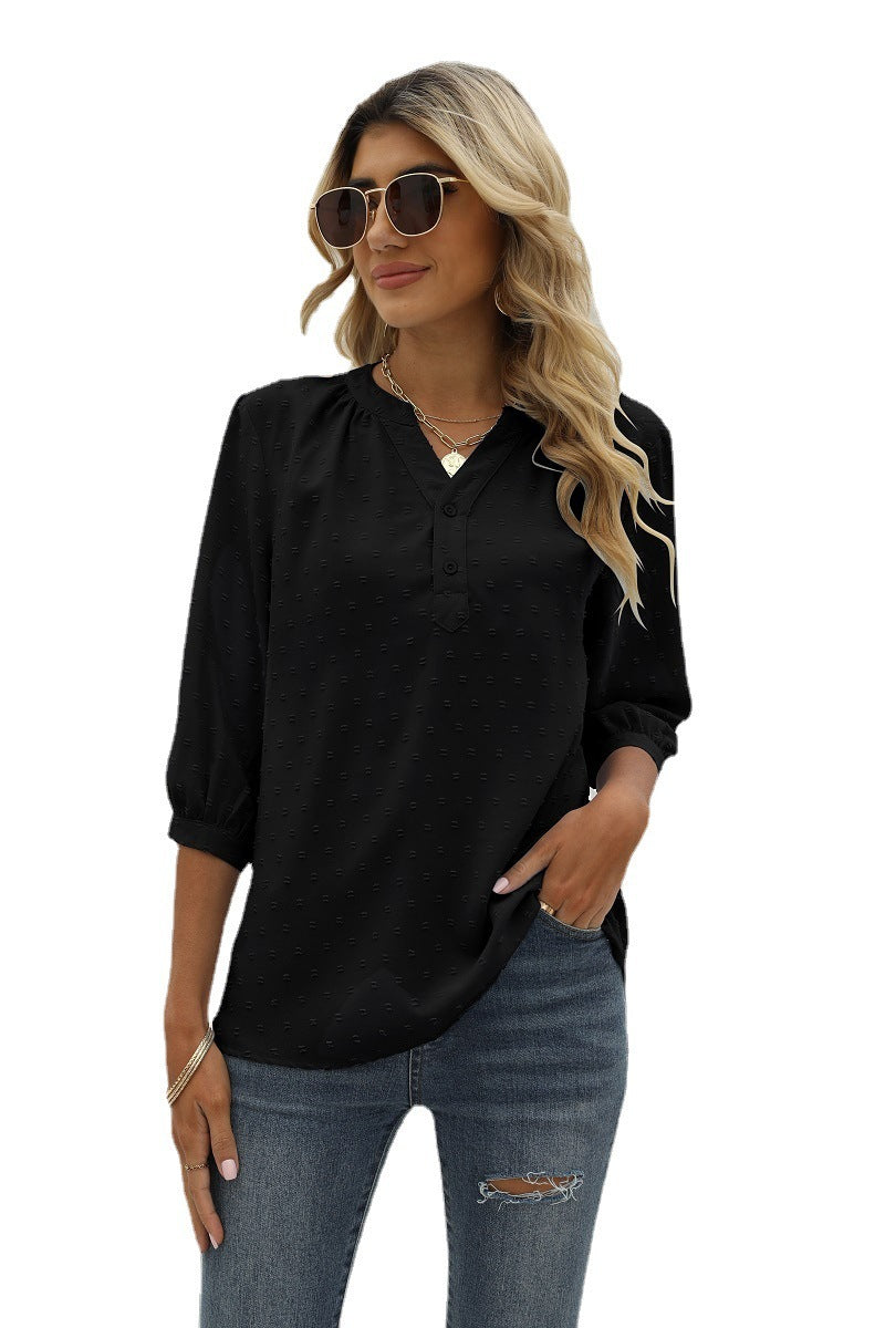 Swiss Dot Notched Neck Three-Quarter Sleeve | Blouse