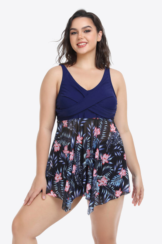 Floral Two-Tone Asymmetrical Hem | Two-Piece Swimsuit