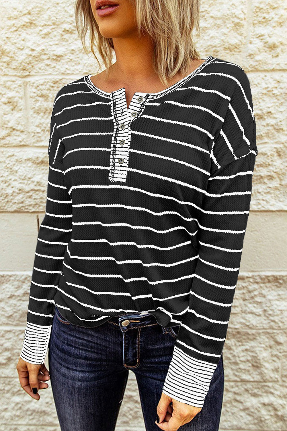 Striped Waffle Knit Henley Long Sleeve | Top