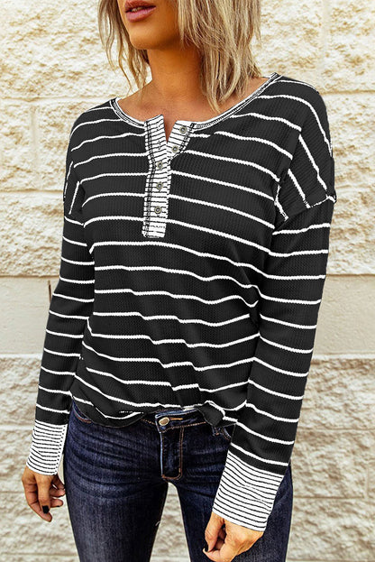 Striped Waffle Knit Henley Long Sleeve | Top