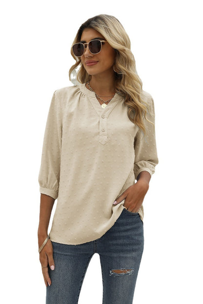 Swiss Dot Notched Neck Three-Quarter Sleeve | Blouse