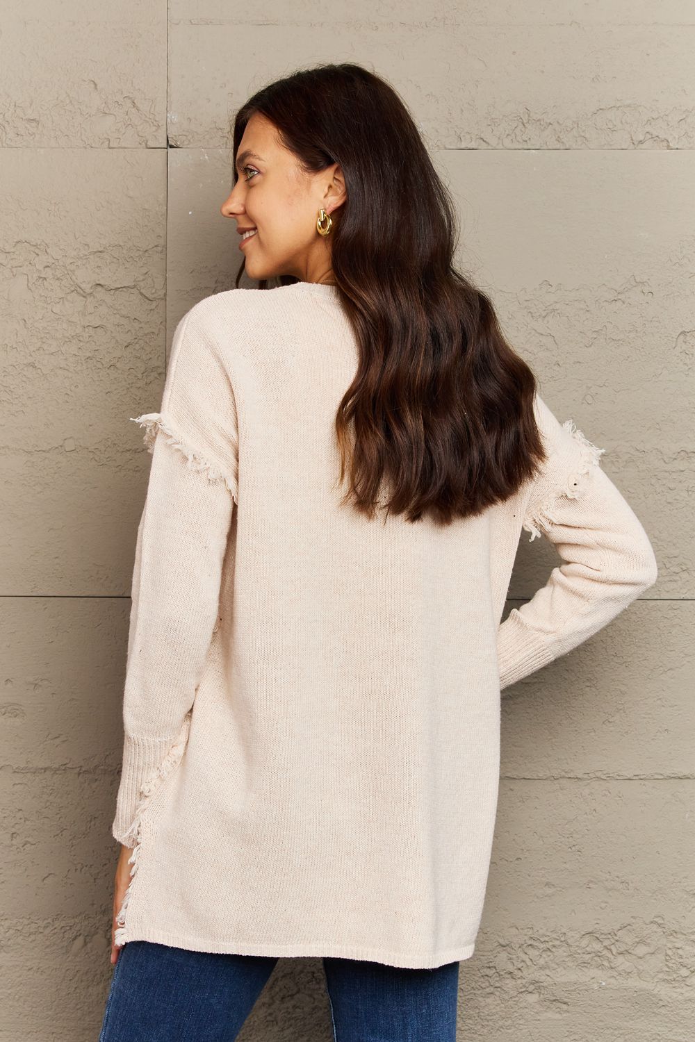 Buttoned Dropped Shoulder Raw Hem Pullover | Sweater
