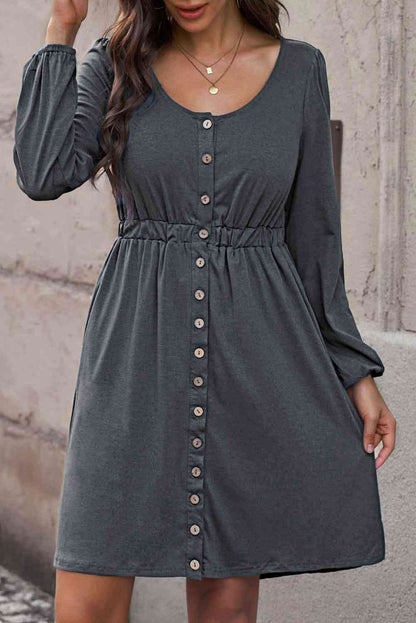 Button Front Elastic Waist Long Sleeve | Dress