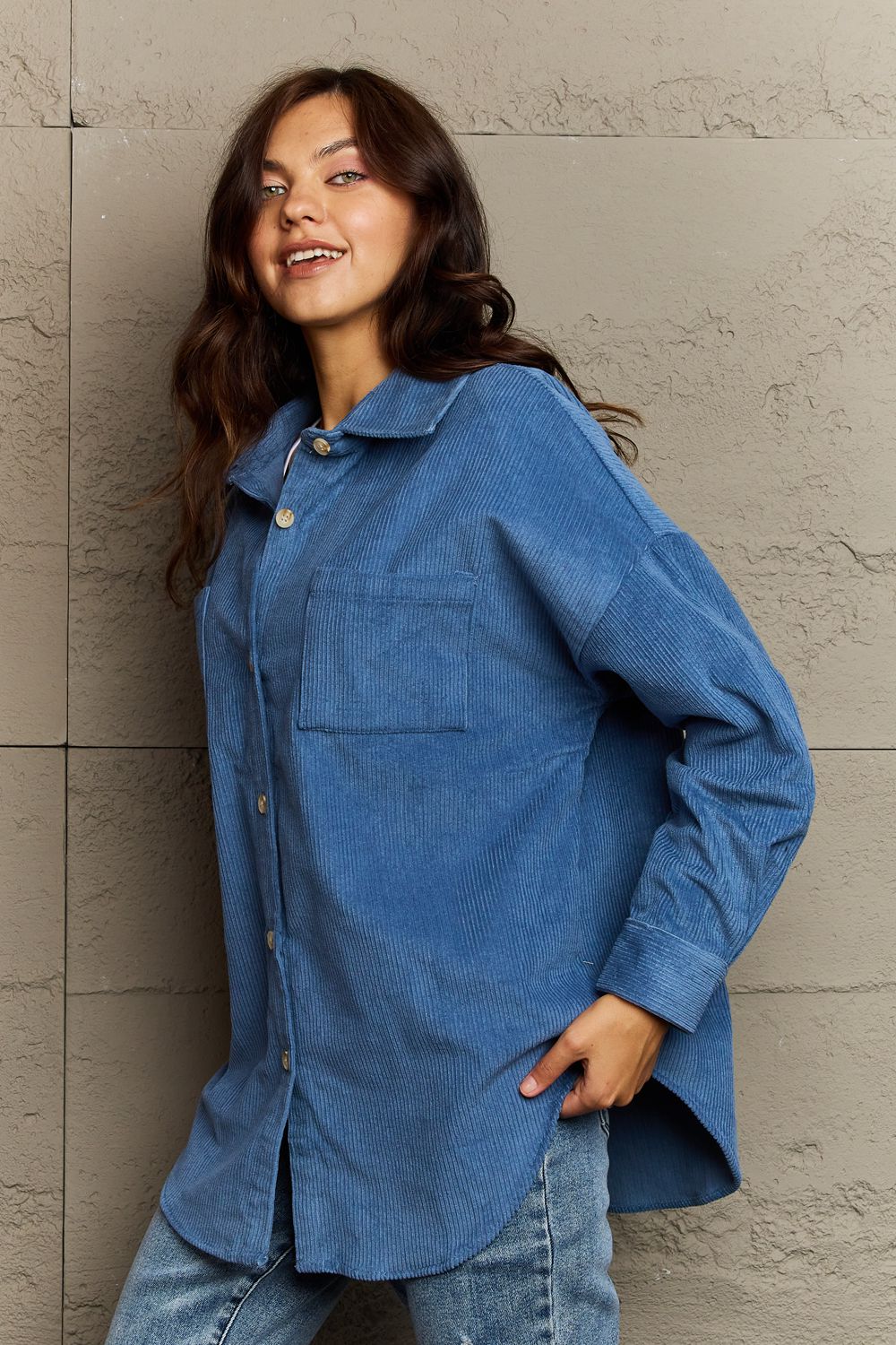 Collared Neck Dropped Shoulder Button-Down | Jacket