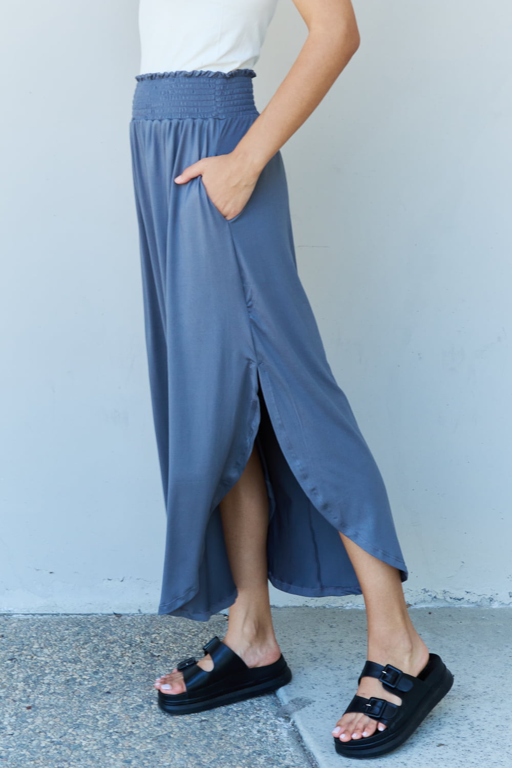 Dusty Blue High Waist Scoop Hem | Maxi Skirt