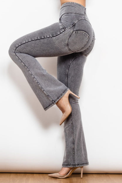 Comfy Huggers Zip Detail Flare Long in Mid Gray | Jeans