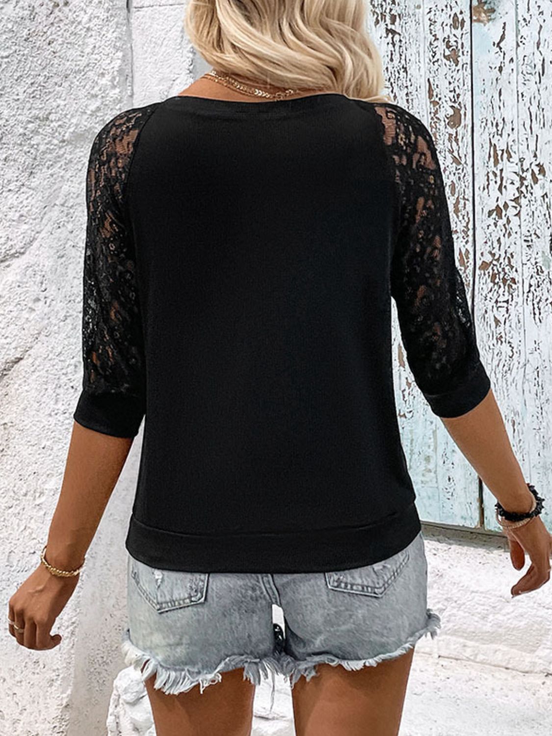 V-Neck Spliced Lace Raglan Sleeve | Top
