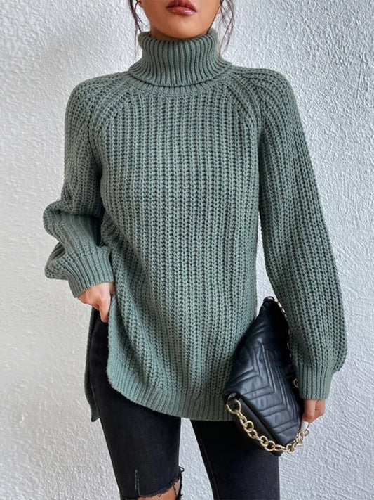Turtleneck Rib-Knit Slit | Sweater