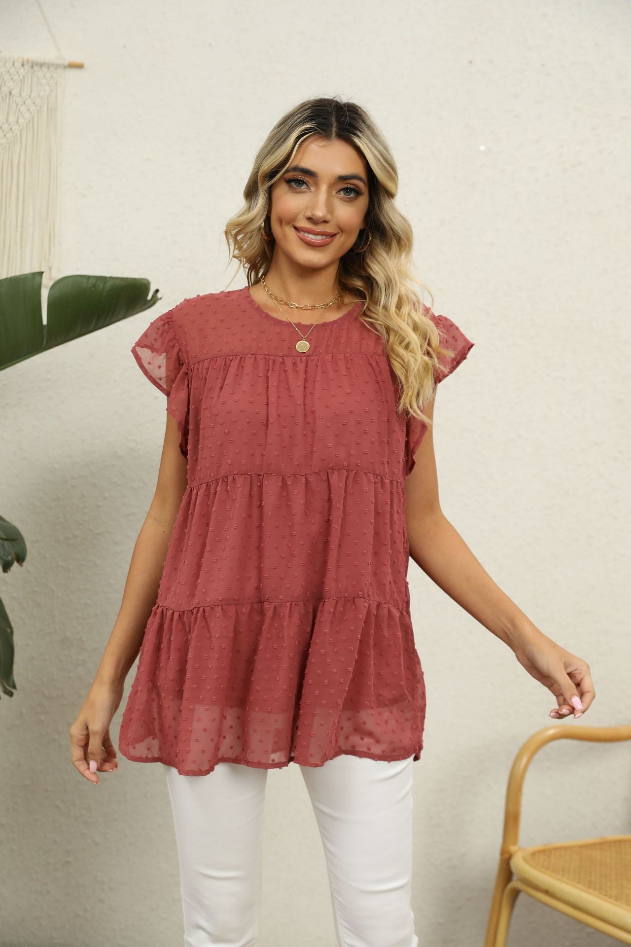 Swiss Dot Round Neck Tiered | Blouse