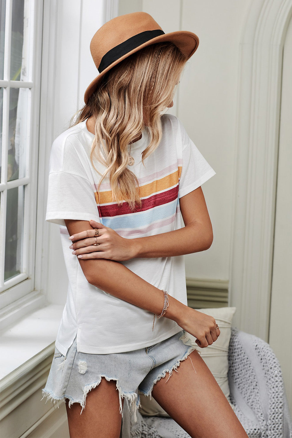 Striped Dropped Shoulder Round Neck | Tee