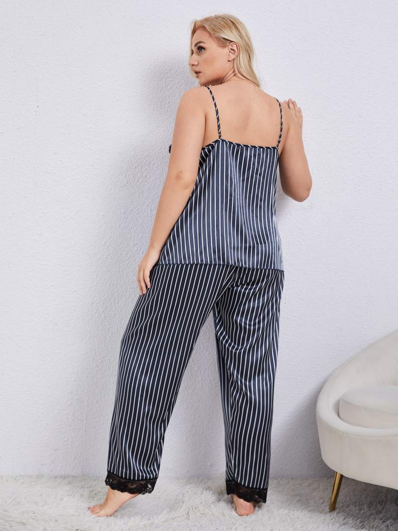 Vertical Stripe Lace Trim Cami + Pants | Pajama Set