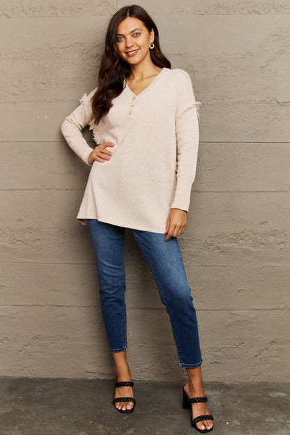 Buttoned Dropped Shoulder Raw Hem Pullover | Sweater
