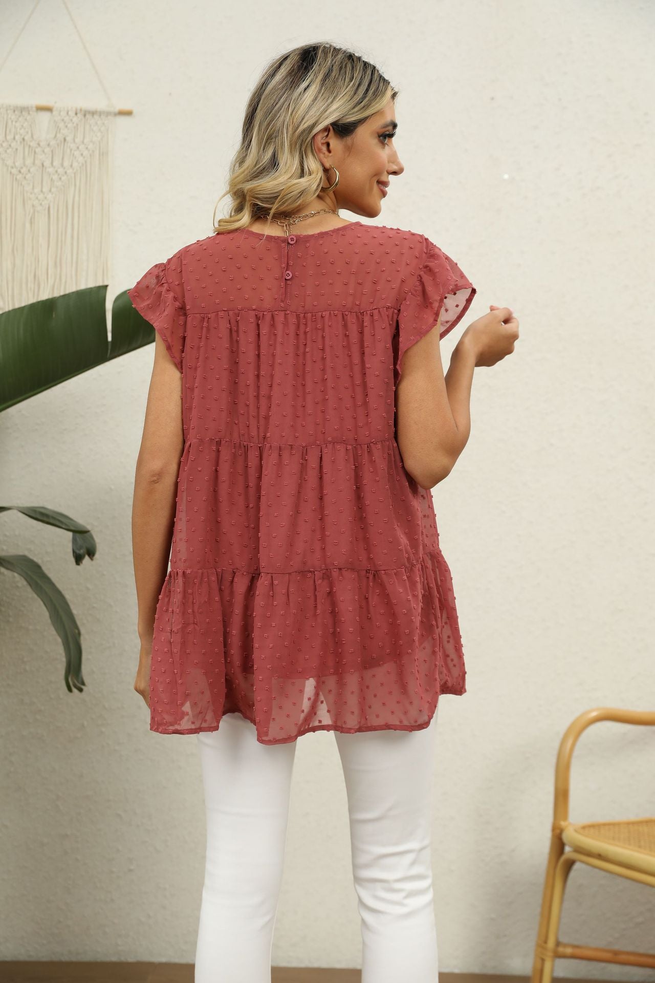Swiss Dot Round Neck Tiered | Blouse